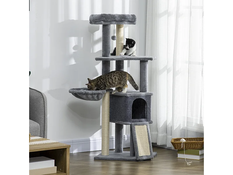 Arbre à chat multi-équipement griffoirs grattoirs plateforme niche hamac jeu boule suspendue gris