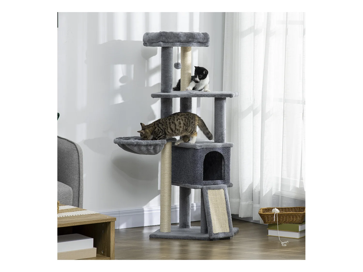 Arbre à chat multi-équipement griffoirs grattoirs plateforme niche hamac jeu boule suspendue gris