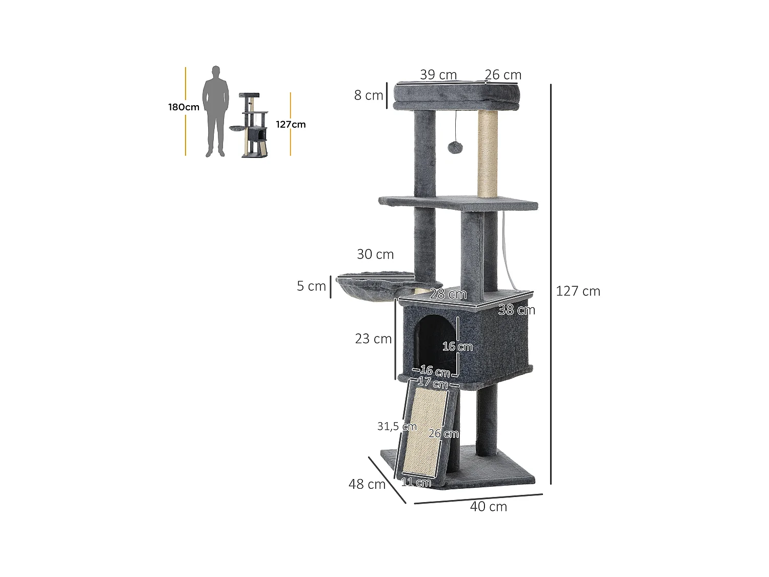 Arbre à chat multi-équipement griffoirs grattoirs plateforme niche hamac jeu boule suspendue gris