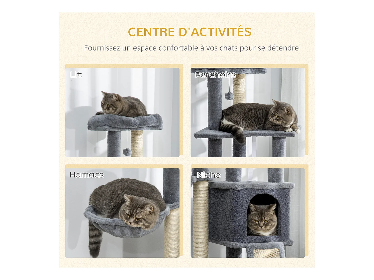 Arbre à chat multi-équipement griffoirs grattoirs plateforme niche hamac jeu boule suspendue gris