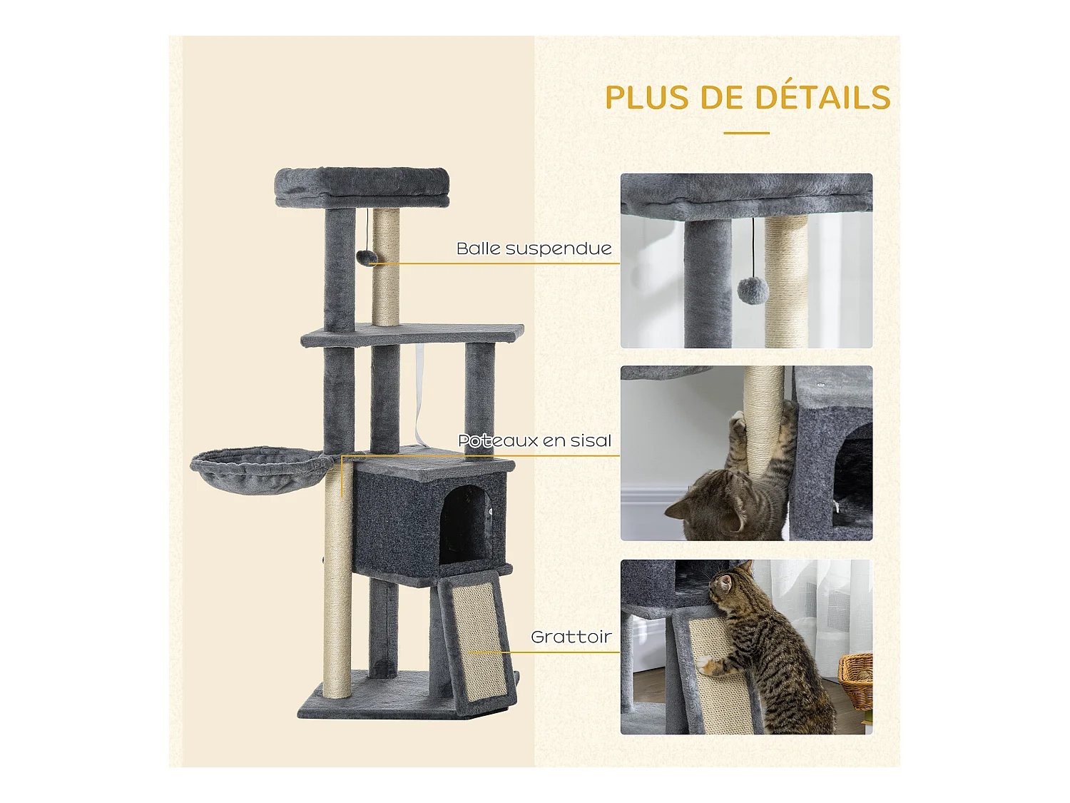 Arbre à chat multi-équipement griffoirs grattoirs plateforme niche hamac jeu boule suspendue gris