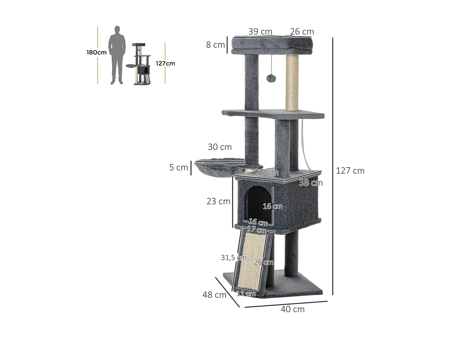 Arbre à chat multi-équipement griffoirs grattoirs plateforme niche hamac jeu boule suspendue gris