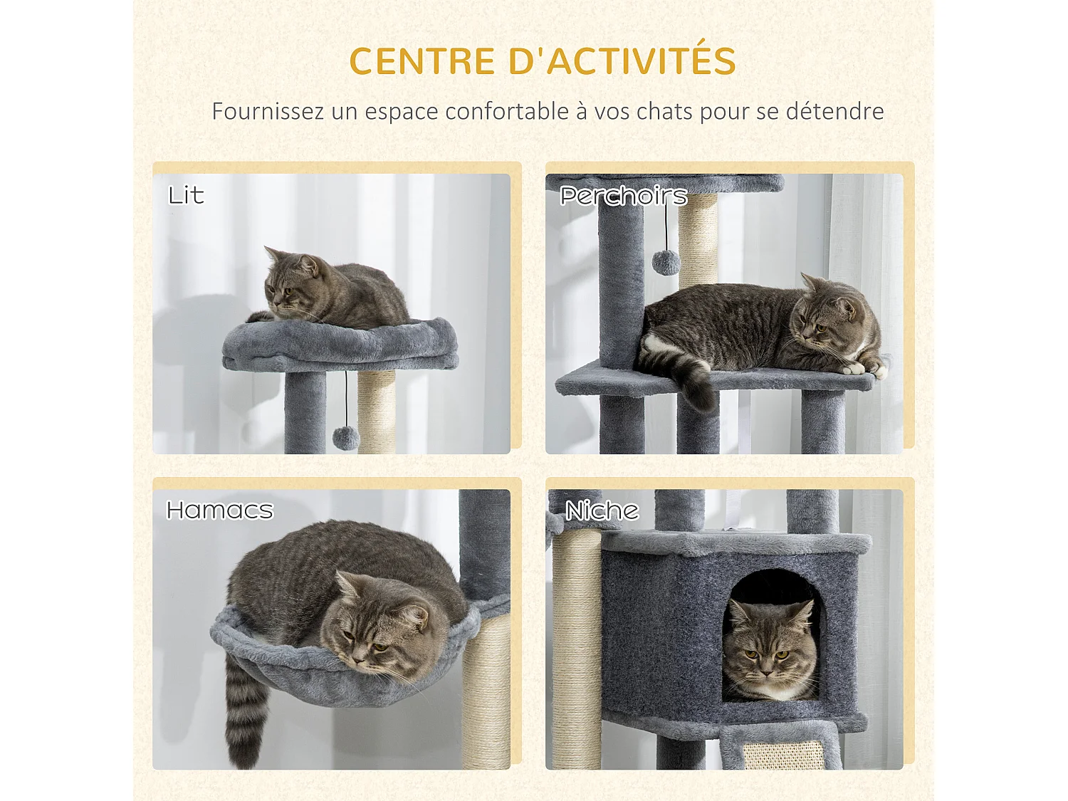 Arbre à chat multi-équipement griffoirs grattoirs plateforme niche hamac jeu boule suspendue gris