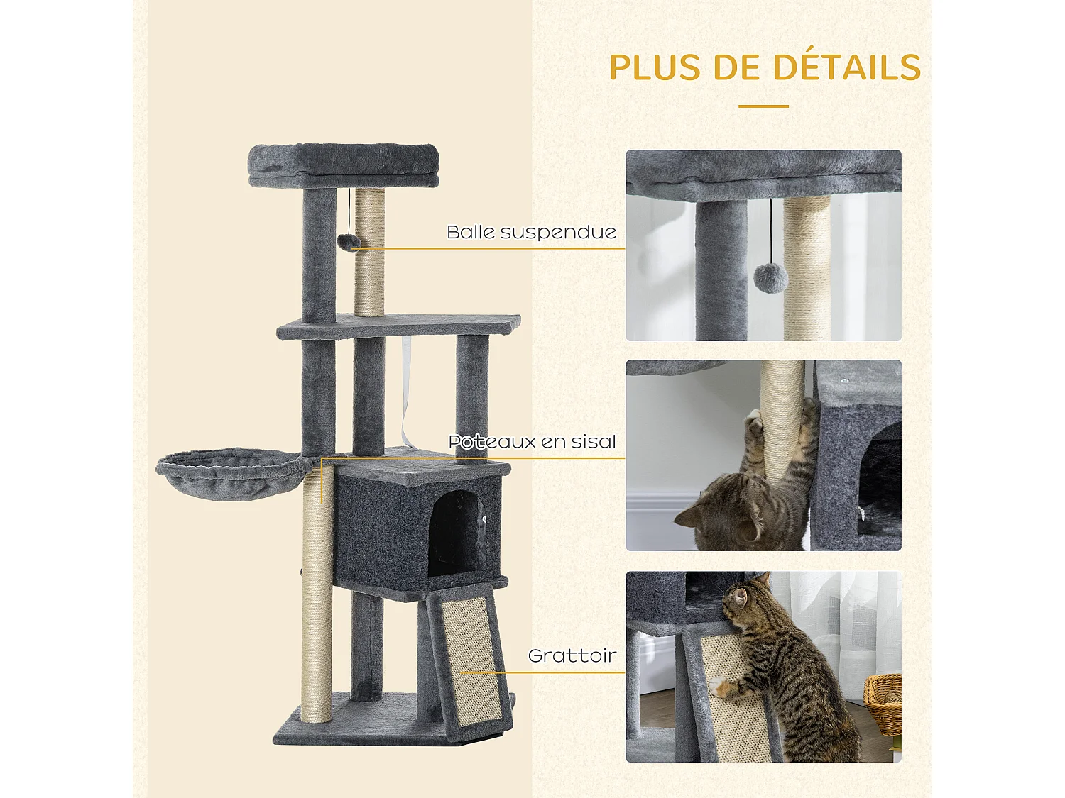 Arbre à chat multi-équipement griffoirs grattoirs plateforme niche hamac jeu boule suspendue gris