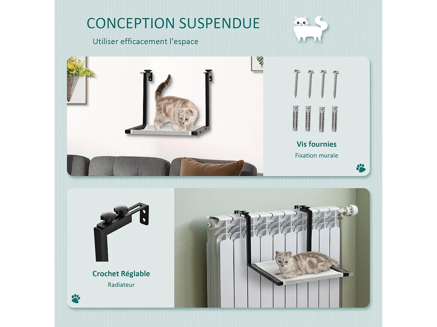 Arbre à chat mural design - étagère murale pour chat - hamac radiateur chat - armature avec fixation réglable - acier noir PVC polyester crème