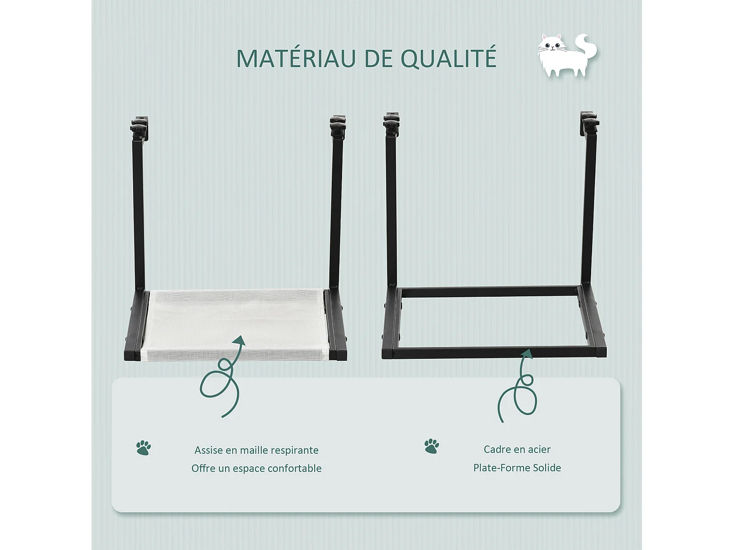 Arbre à chat mural design - étagère murale pour chat - hamac radiateur chat - armature avec fixation réglable - acier noir PVC polyester crème