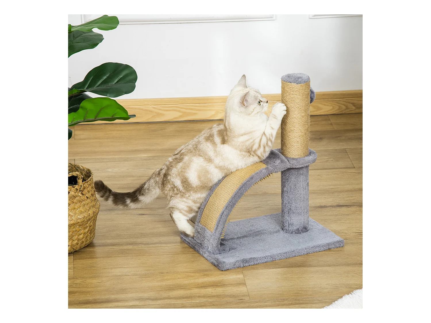 Arbre à chat griffoir grattoir design jeu boule suspendue + demi-arc de massage peluche jute naturelle gris