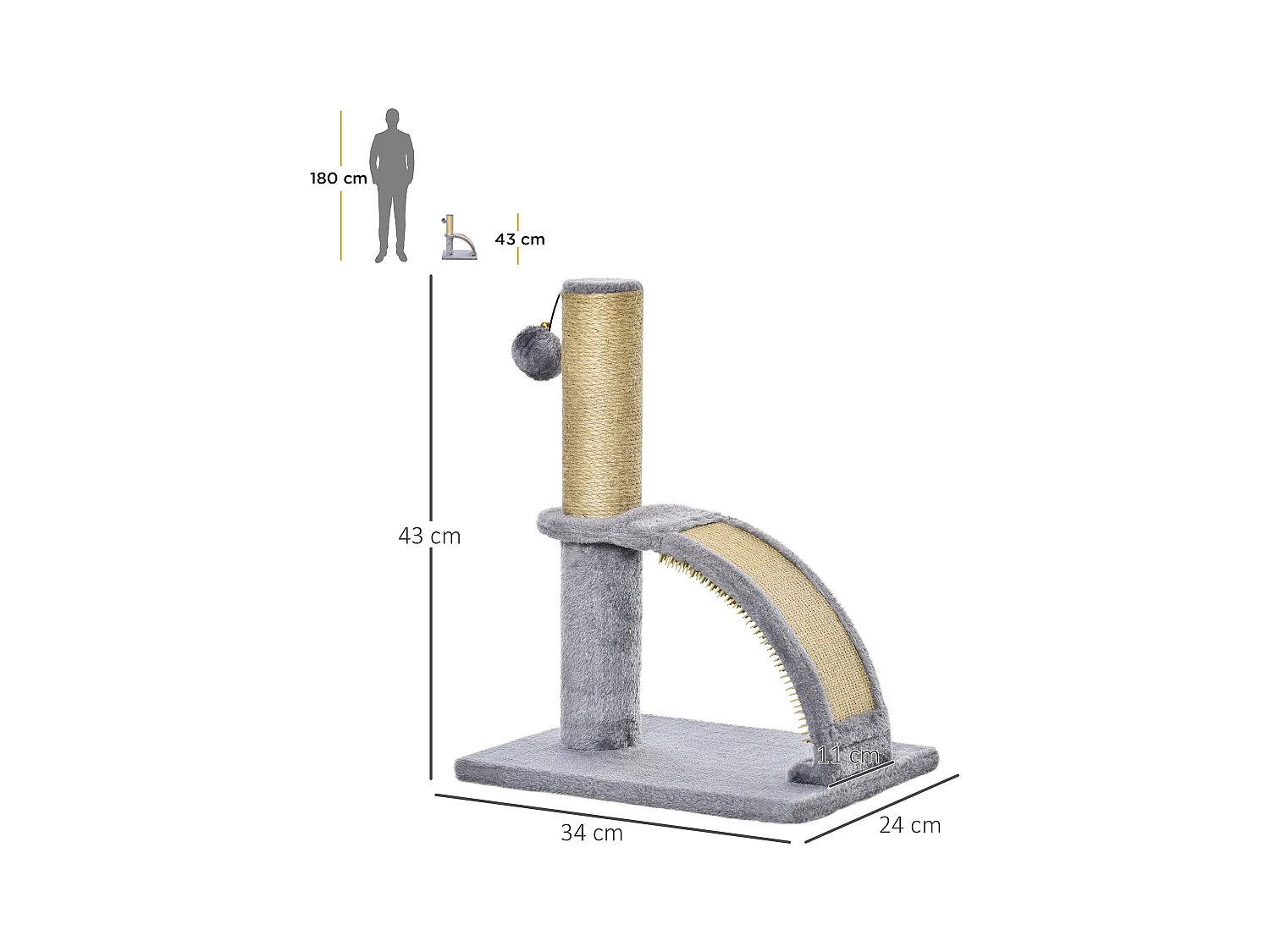 Arbre à chat griffoir grattoir design jeu boule suspendue + demi-arc de massage peluche jute naturelle gris