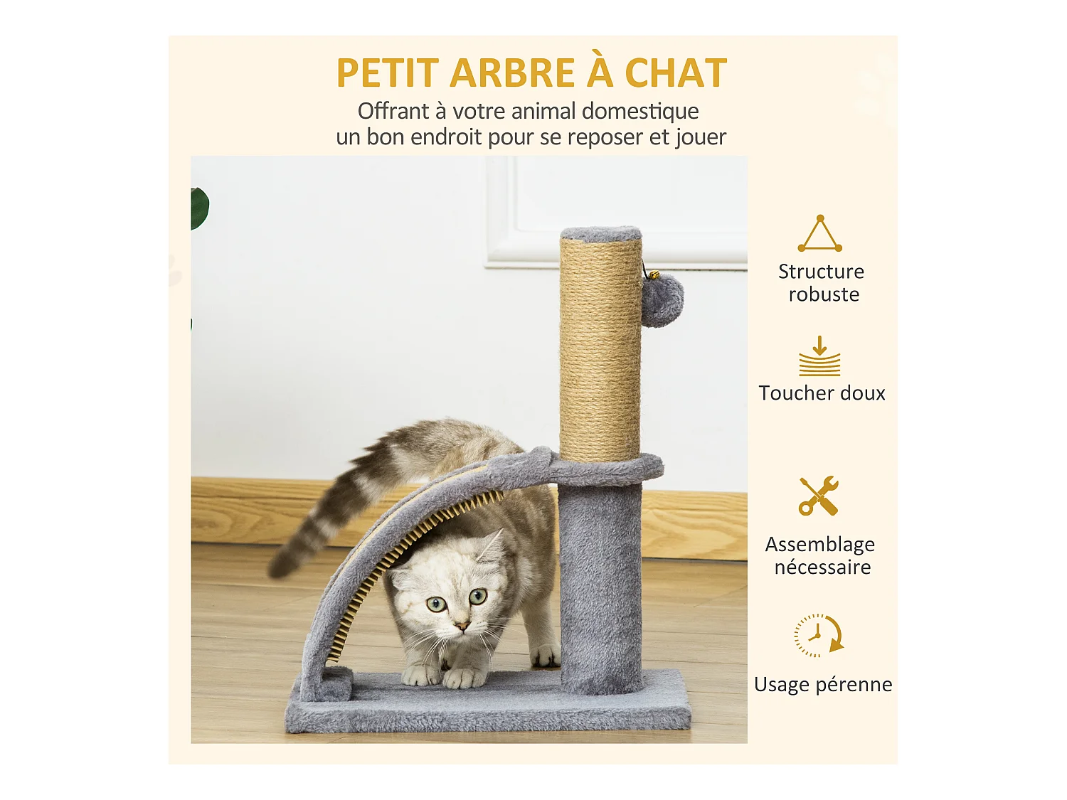 Arbre à chat griffoir grattoir design jeu boule suspendue + demi-arc de massage peluche jute naturelle gris