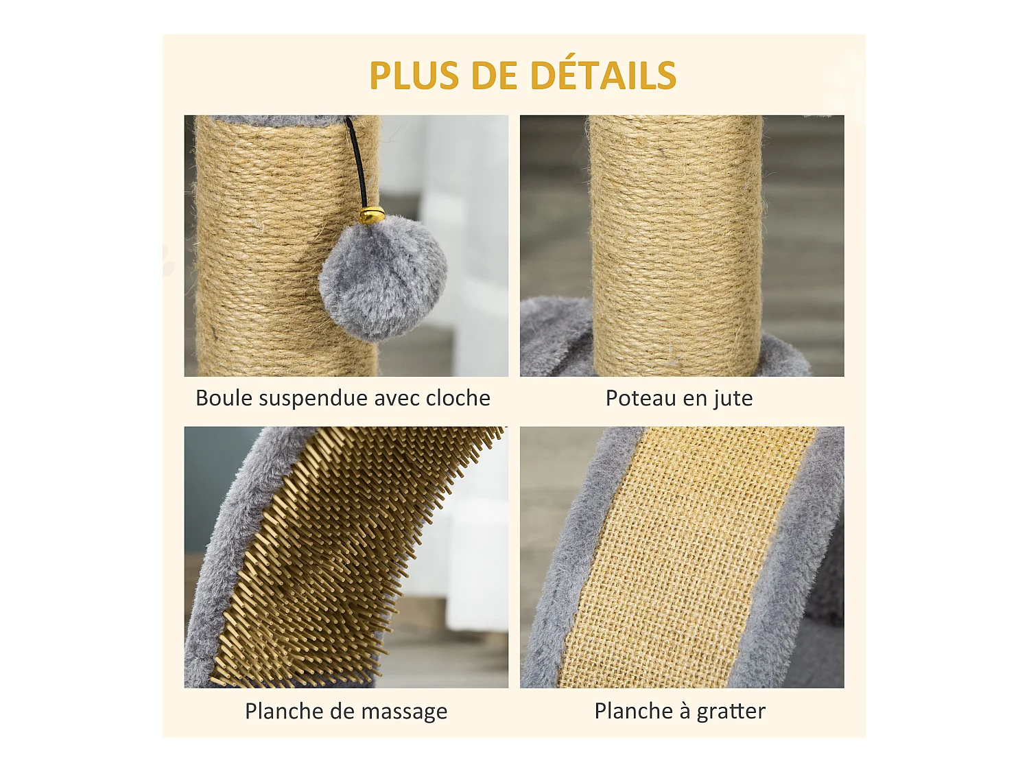 Arbre à chat griffoir grattoir design jeu boule suspendue + demi-arc de massage peluche jute naturelle gris