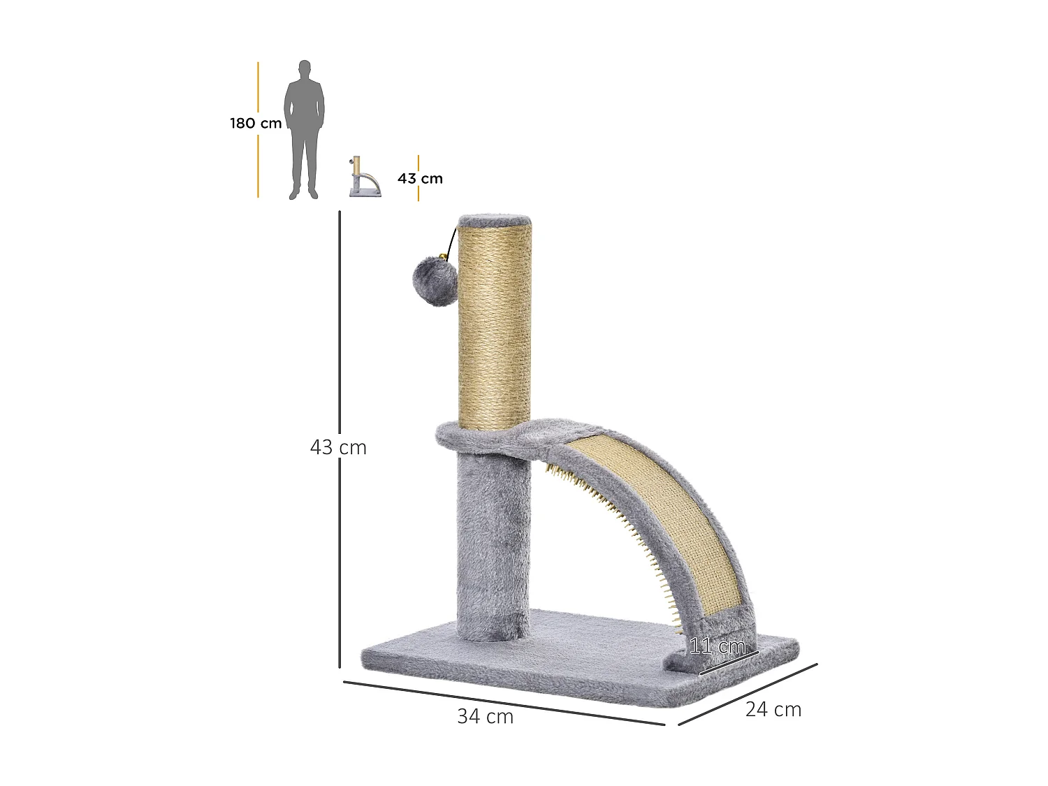 Arbre à chat griffoir grattoir design jeu boule suspendue + demi-arc de massage peluche jute naturelle gris