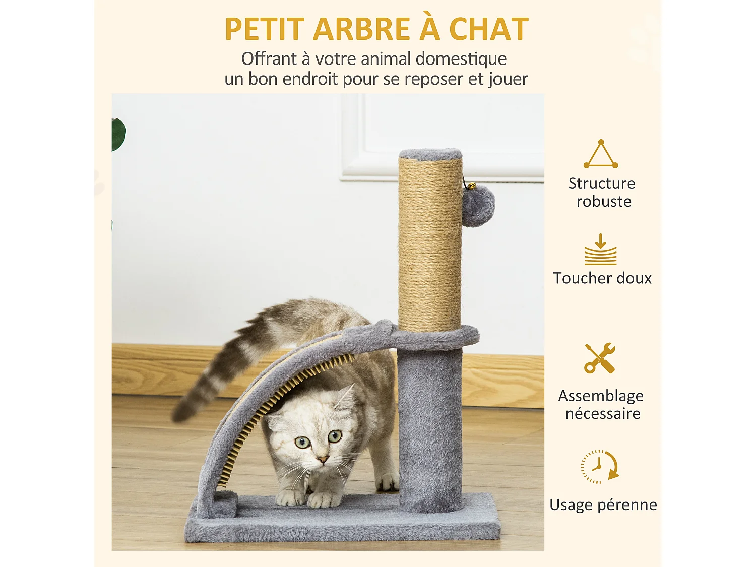 Arbre à chat griffoir grattoir design jeu boule suspendue + demi-arc de massage peluche jute naturelle gris