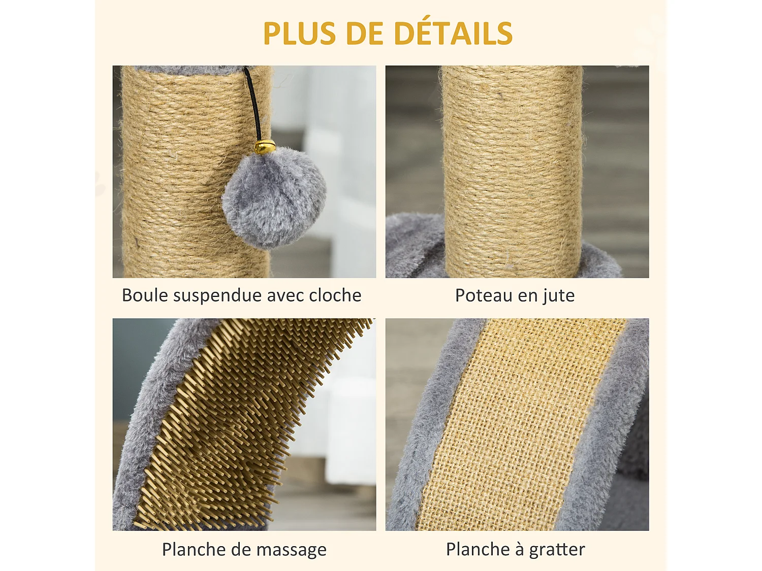 Arbre à chat griffoir grattoir design jeu boule suspendue + demi-arc de massage peluche jute naturelle gris