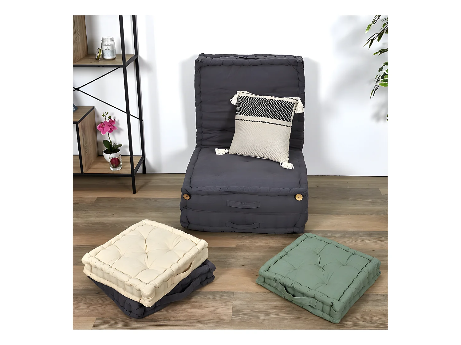 Cuscino Berbero a Righe e Pon Pon Beige 40x40cm Rimovibile - Stile Etnico