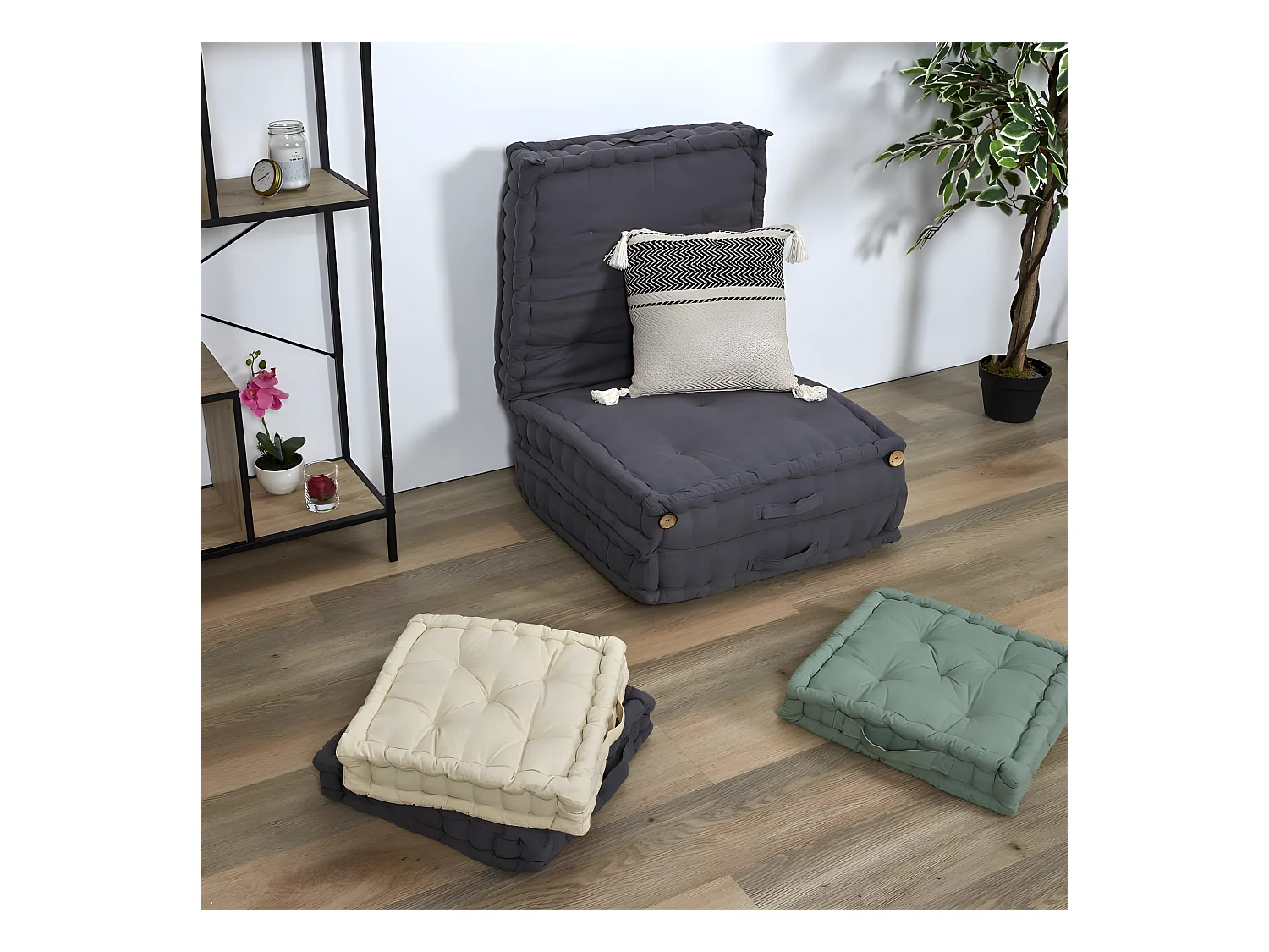 Cuscino Berbero a Righe e Pon Pon Beige 40x40cm Rimovibile - Stile Etnico