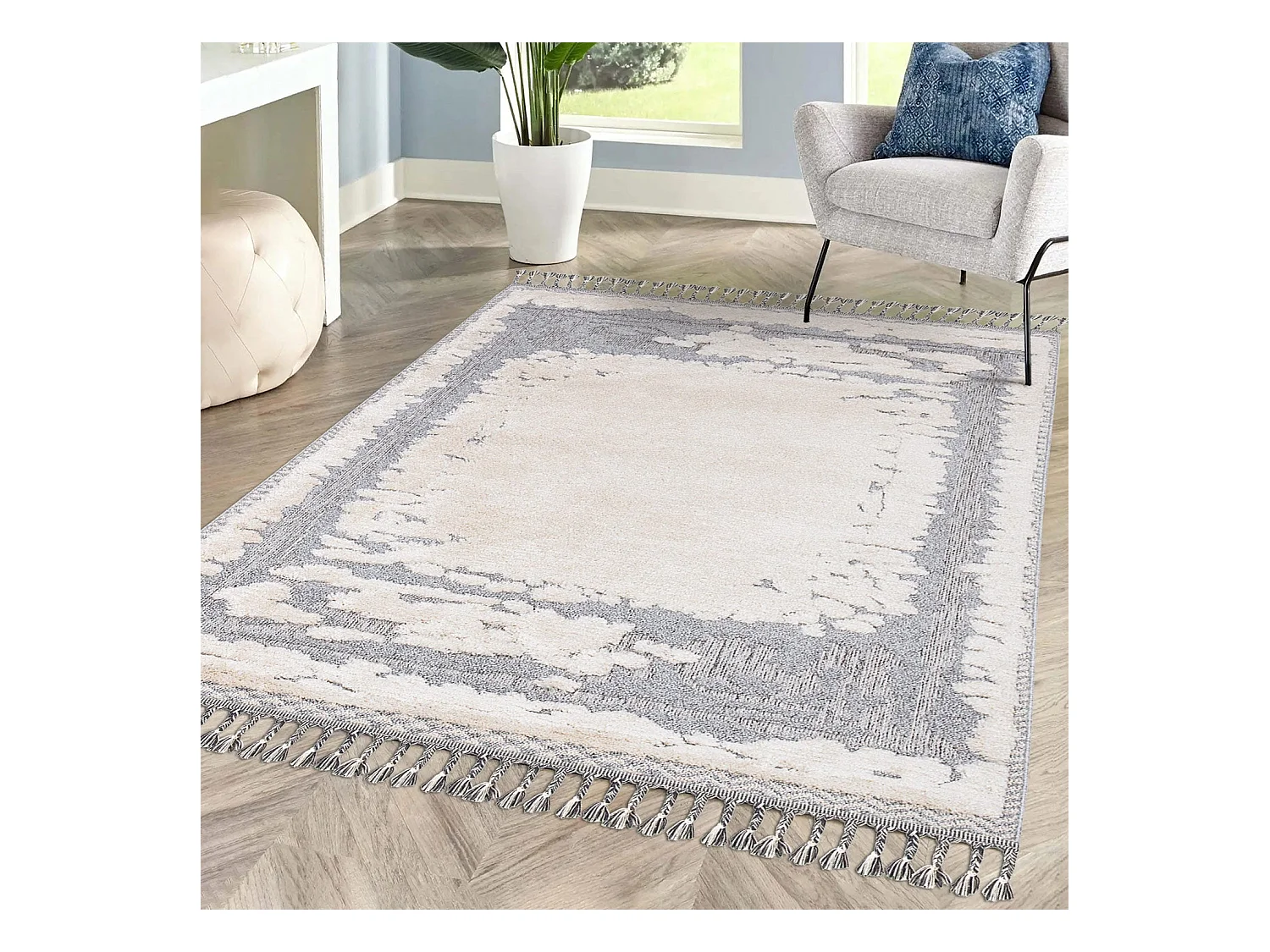 Tapis Boho Chic à franges tressées Crème/Gris/Bleu 200x290cm