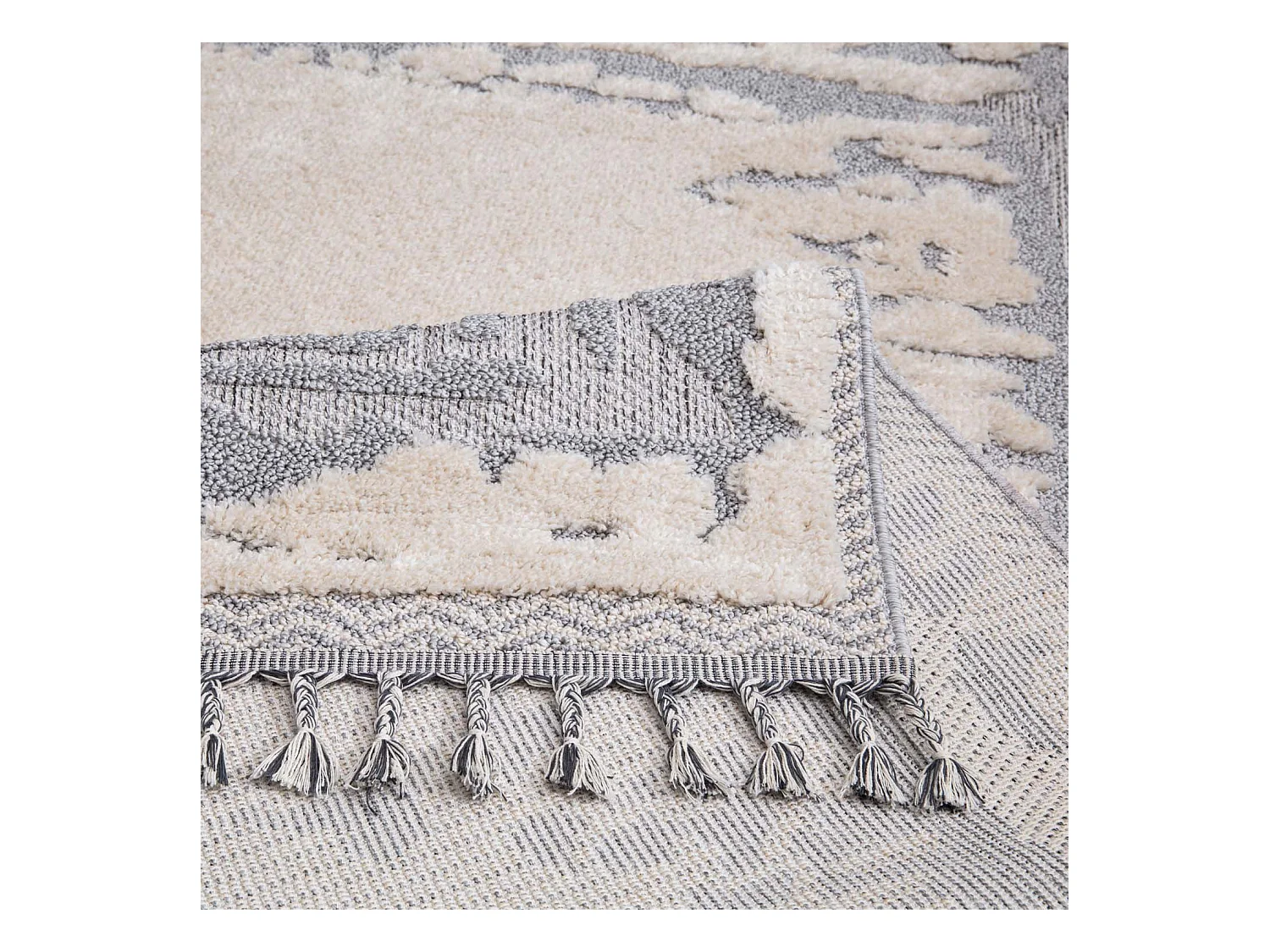 Tapis Boho Chic à franges tressées Crème/Gris/Bleu 200x290cm