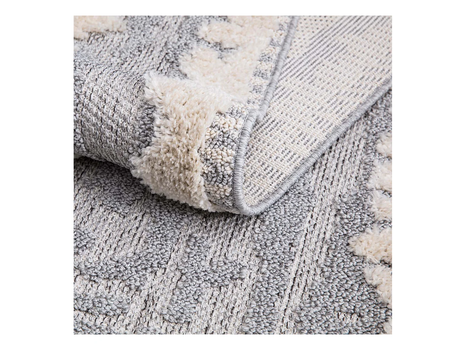 Tapis Boho Chic à franges tressées Crème/Gris/Bleu 200x290cm