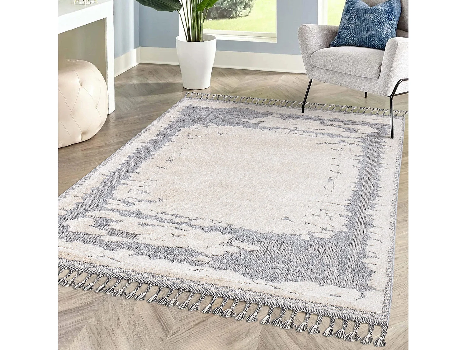 Tapis Boho Chic à franges tressées Crème/Gris/Bleu 200x290cm