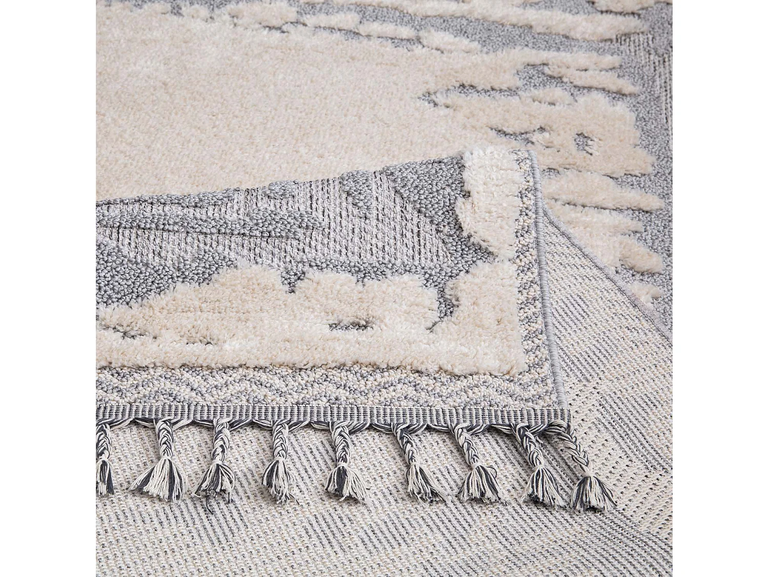 Tapis Boho Chic à franges tressées Crème/Gris/Bleu 200x290cm