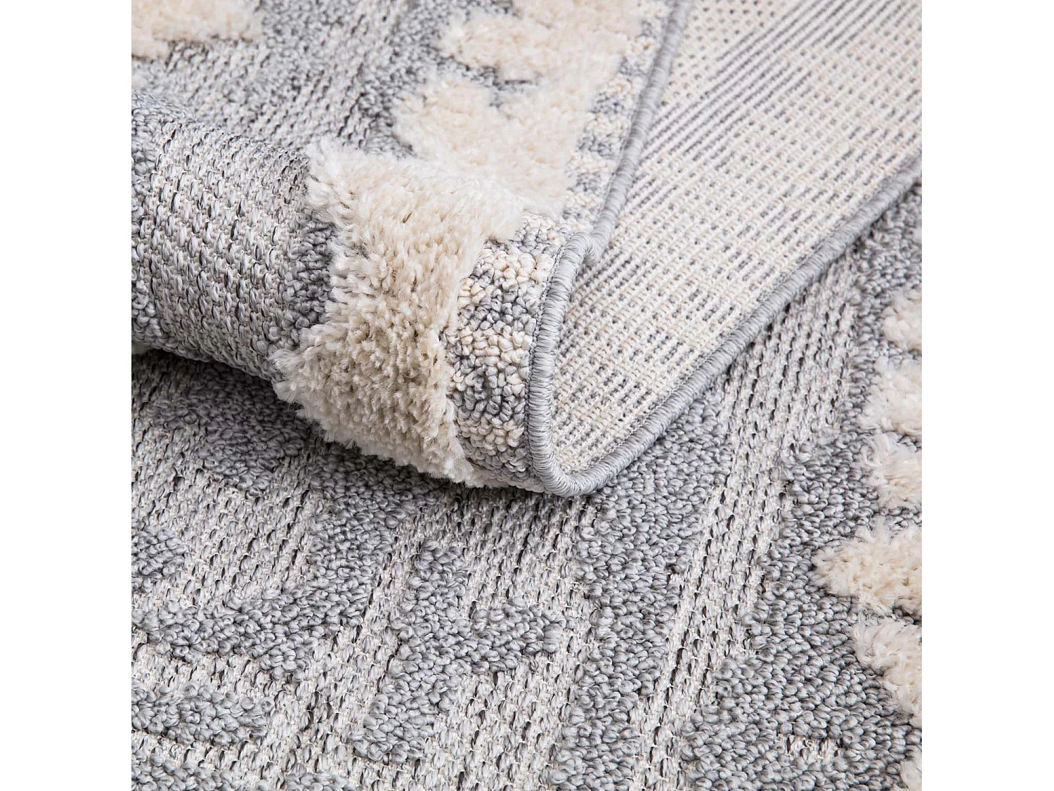 Tapis Boho Chic à franges tressées Crème/Gris/Bleu 200x290cm