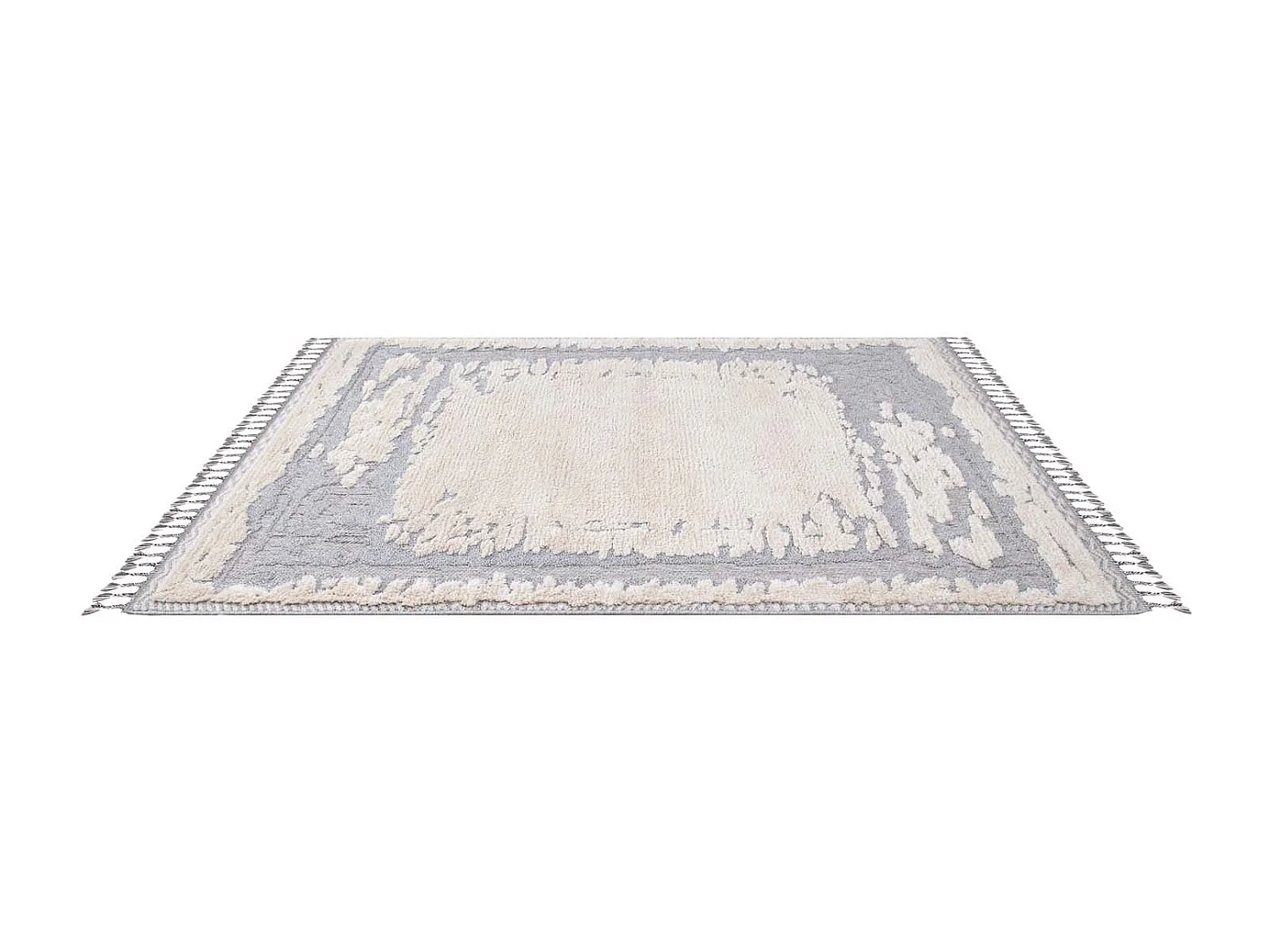 Tapis Boho Chic à franges tressées Crème/Gris/Bleu 200x290cm