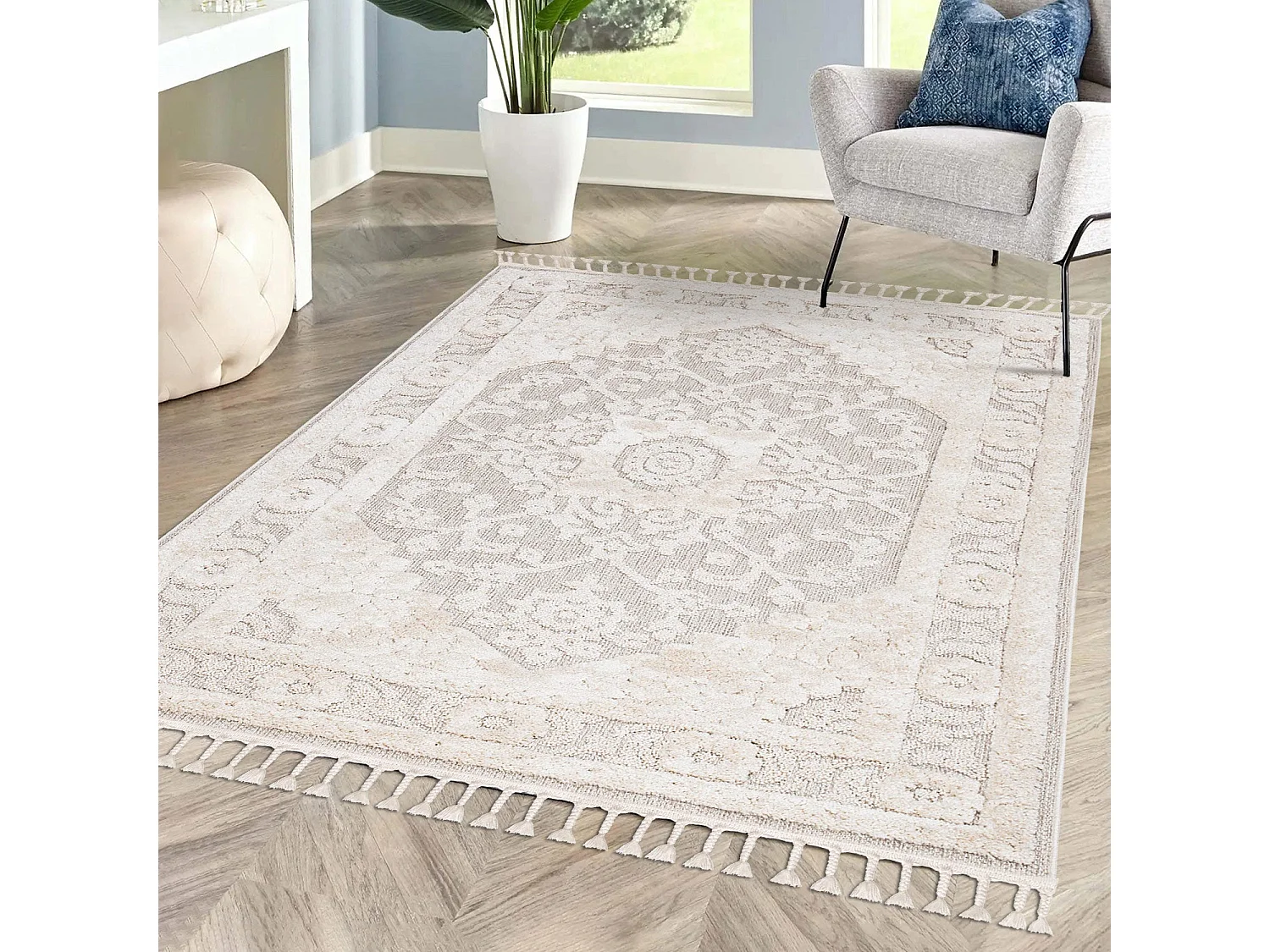 Tapis Boho Chic à franges tressées Crème 140x200cm