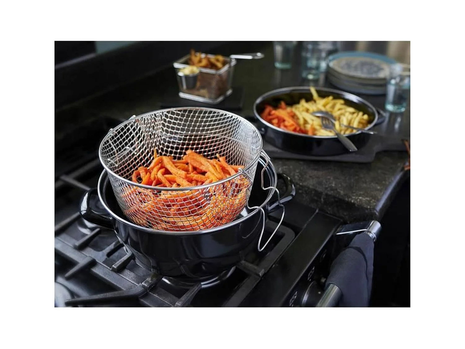 26 cm schwarze EmailleFritteuse mit Korb und Glasdeckel
