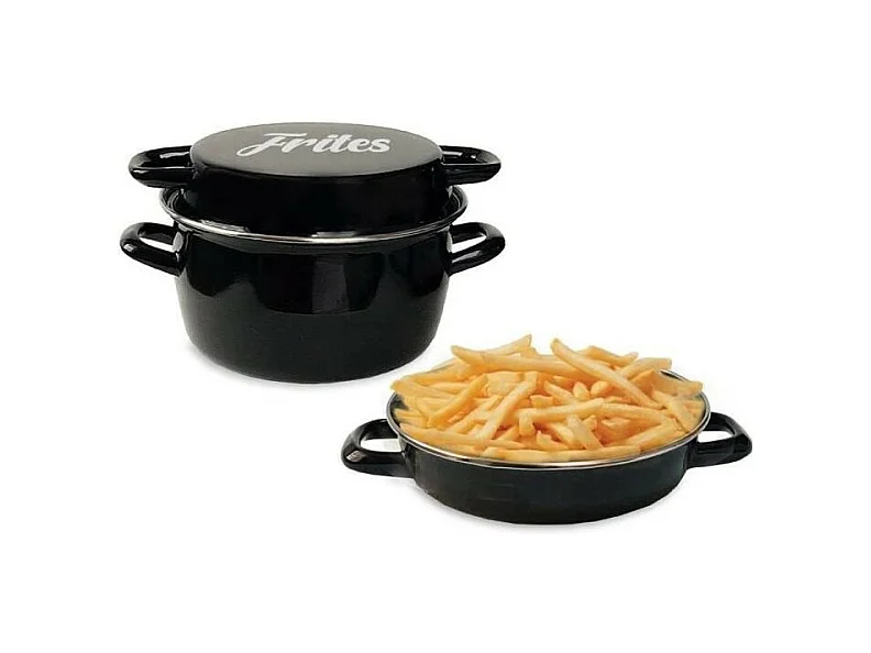 Friteuse coloris noir décor  Frites  26 cm couvercle émail et panier