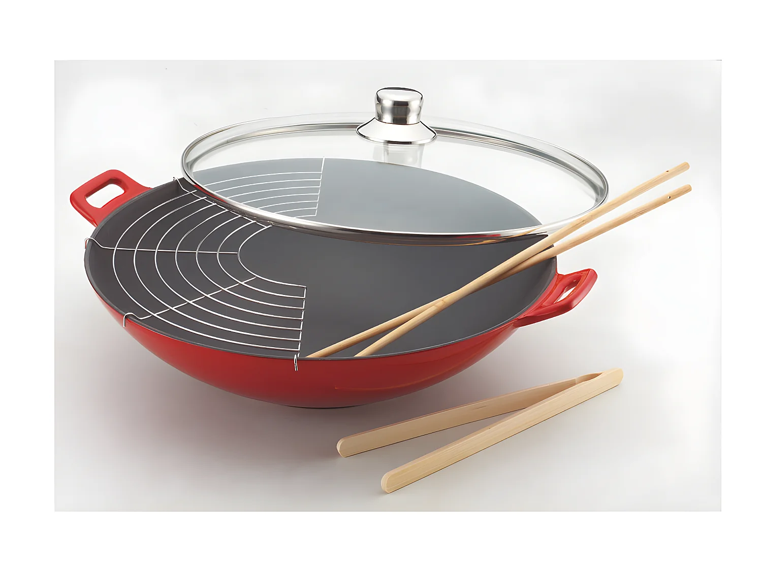 Wok fonte rouge 36 cm avec couvercle en verre