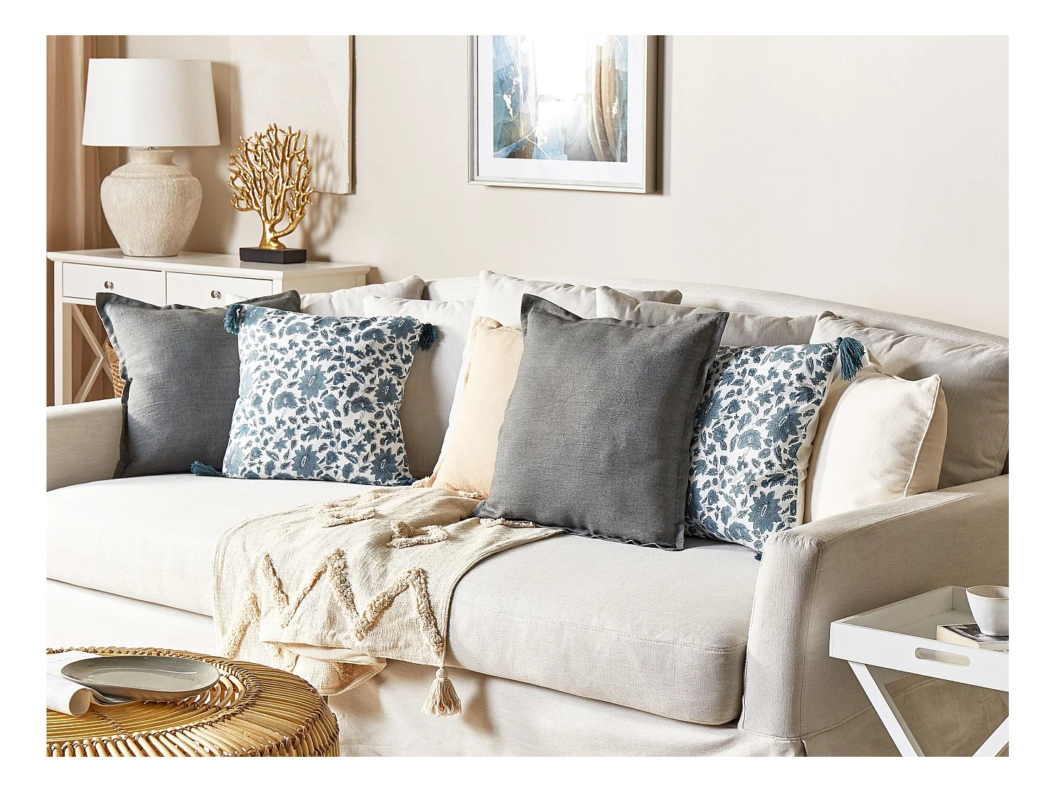 Dekokissen 2er Set mit Füllung Blumenmuster Baumwolle weiß / blau 45x45 cm Rumex