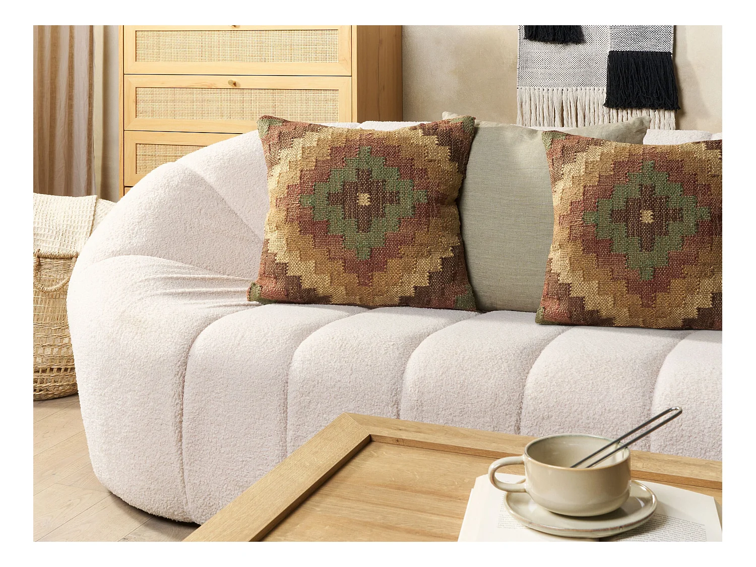 Set aus 2 Kissen mit orientalischem ethnischem Muster aus Jute und Wolle 45x45 cm mehrfarbig Maguri