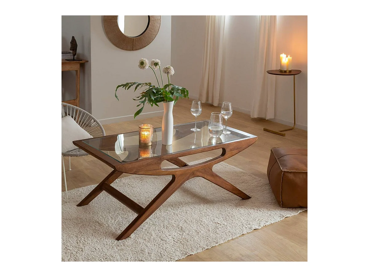 Table basse en bois de manguier et verre Alina