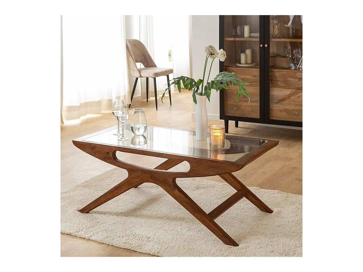 Table basse en bois de manguier et verre Alina