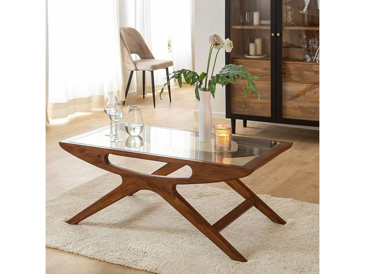 Table basse en bois de manguier et verre Alina
