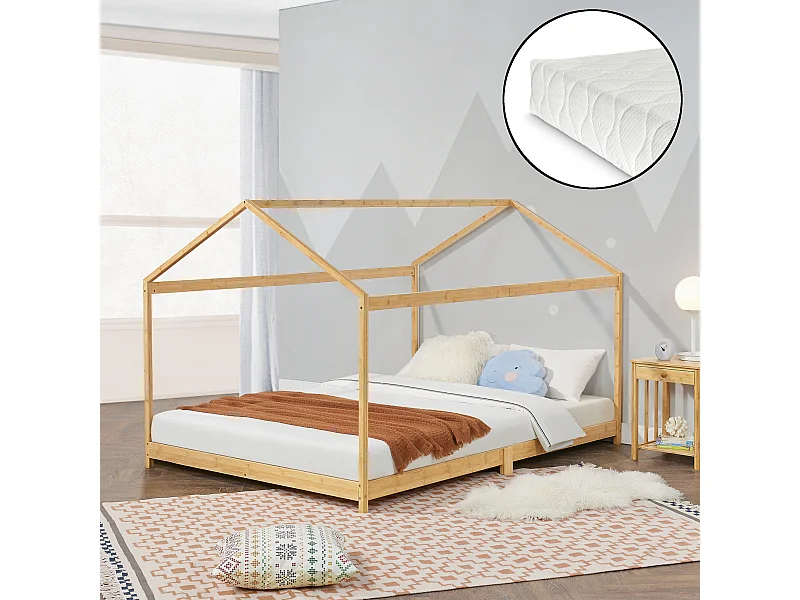 Lit cabane Vindafjord pour enfant 120 x 200 cm avec matelas sommier à lattes bambou naturel [en.casa]