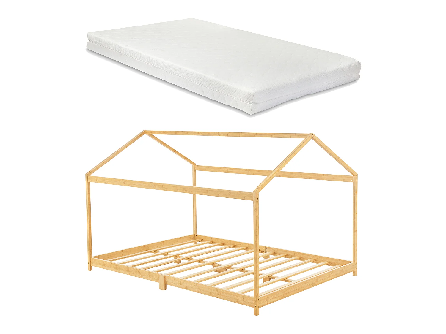 Lit cabane Vindafjord pour enfant 120 x 200 cm avec matelas sommier à lattes bambou naturel [en.casa]