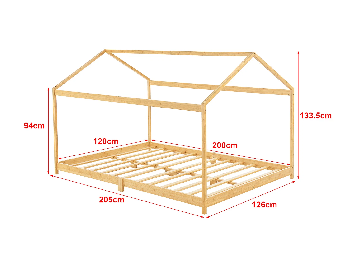 Lit cabane Vindafjord pour enfant 120 x 200 cm avec matelas sommier à lattes bambou naturel [en.casa]