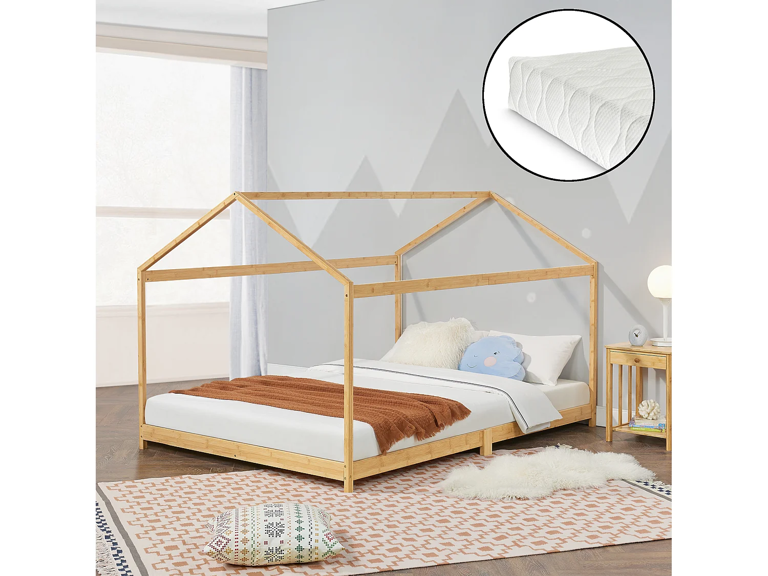 Lit cabane Vindafjord pour enfant 120 x 200 cm avec matelas sommier à lattes bambou naturel [en.casa]