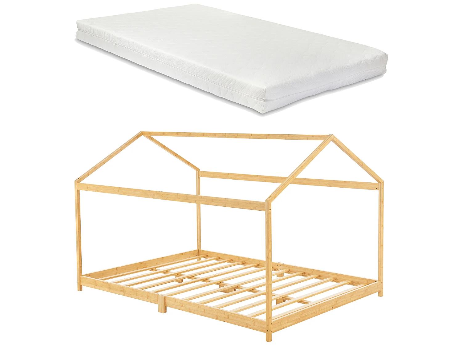 Lit cabane Vindafjord pour enfant 120 x 200 cm avec matelas sommier à lattes bambou naturel [en.casa]