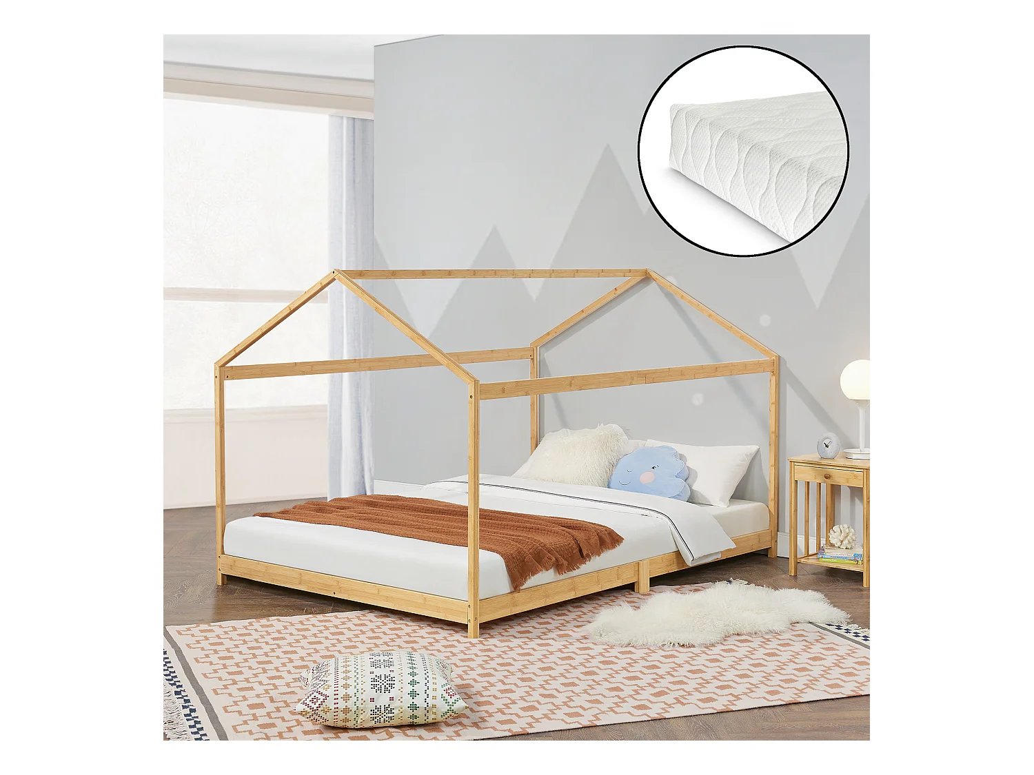 Lit cabane Vindafjord pour enfant 140 x 200 cm avec matelas sommier à lattes bambou naturel [en.casa]