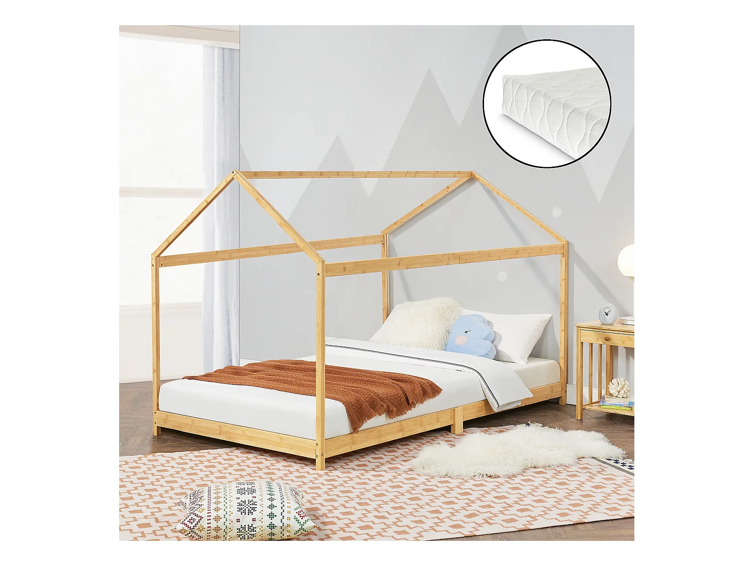 Lit cabane Vindafjord pour enfant 90 x 200 cm avec matelas sommier à lattes bambou naturel [en.casa]