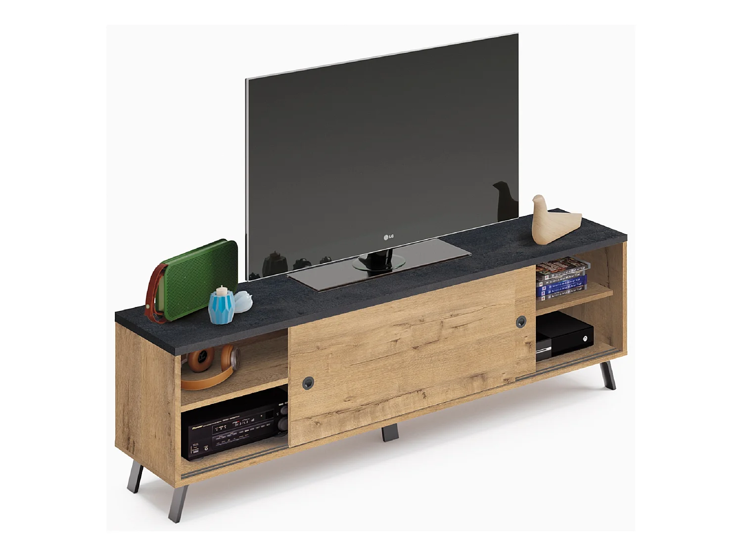 Meuble TV en panneaux de particules mélaminé finition chêne doré / noir - Longueur 160 x Profondeur 40 x Hauteur 52 cm