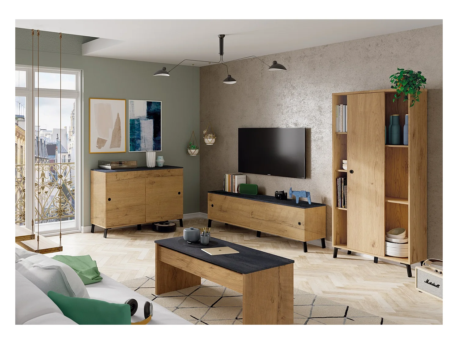 Meuble TV en panneaux de particules mélaminé finition chêne doré / noir - Longueur 160 x Profondeur 40 x Hauteur 52 cm