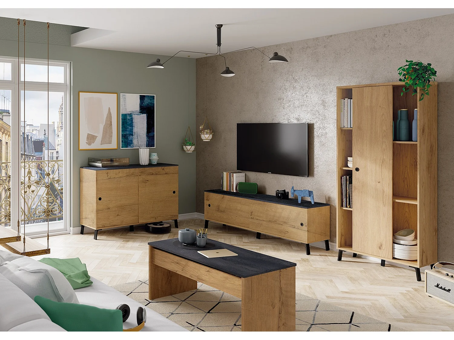 Meuble TV en panneaux de particules mélaminé finition chêne doré / noir - Longueur 160 x Profondeur 40 x Hauteur 52 cm