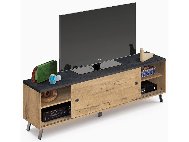 Meuble TV en panneaux de particules mélaminé finition chêne doré / noir - Longueur 160 x Profondeur 40 x Hauteur 52 cm