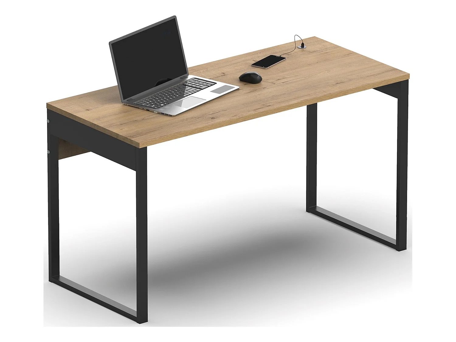 Bureau avec ports USB en aggloméré finition chêne doré et pieds en métal noir - Longueur 135 x Profondeur 60 x Hauteur 76 cm