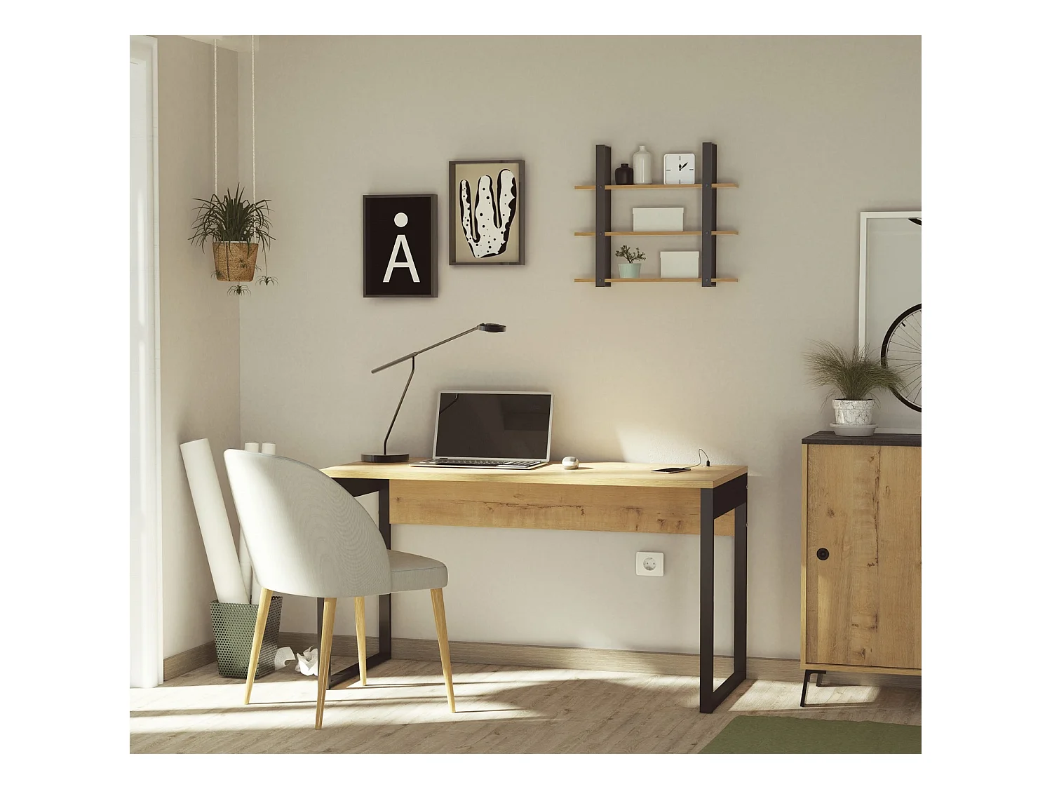 Bureau avec ports USB en aggloméré finition chêne doré et pieds en métal noir - Longueur 135 x Profondeur 60 x Hauteur 76 cm