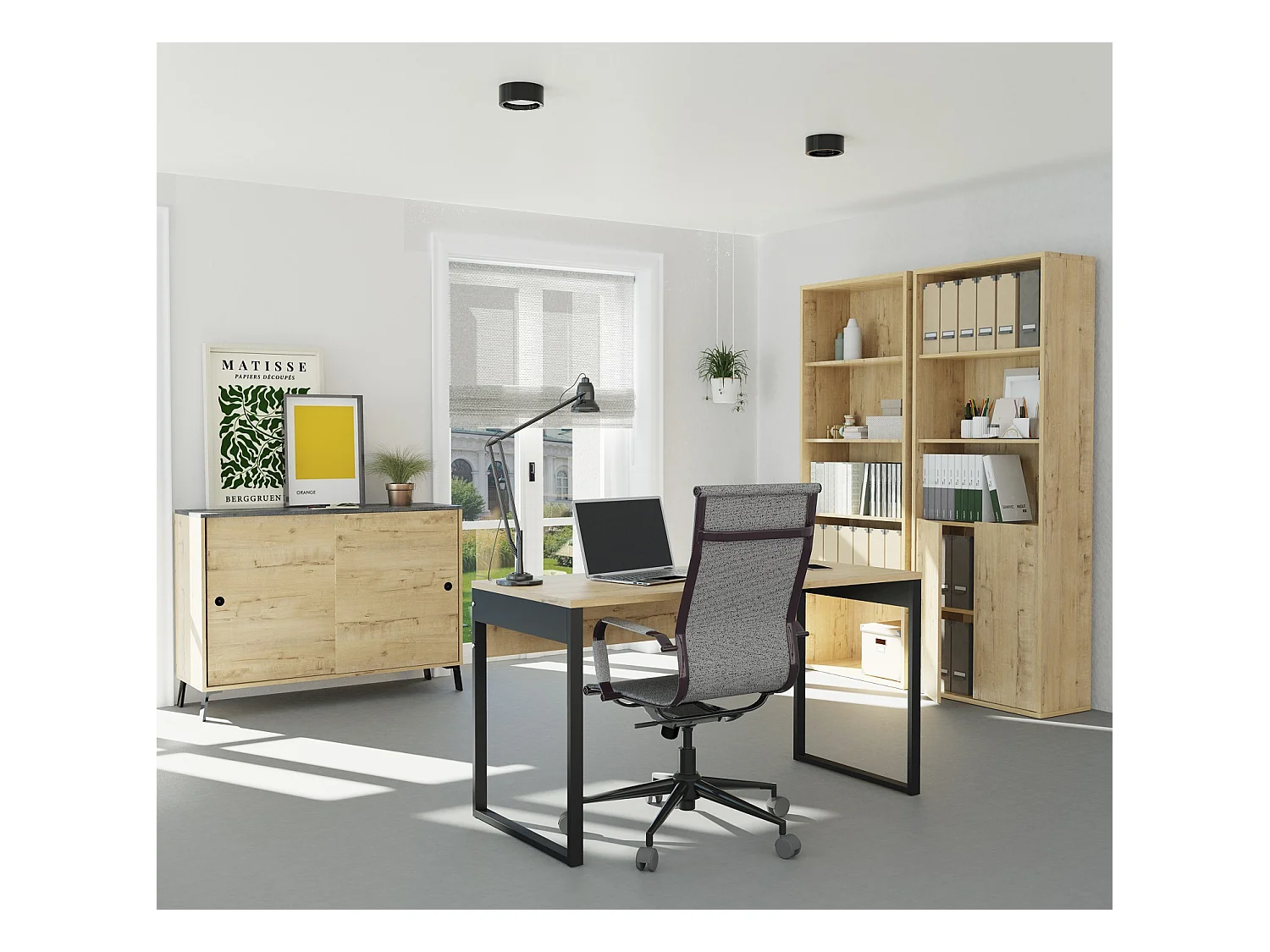 Bureau avec ports USB en aggloméré finition chêne doré et pieds en métal noir - Longueur 135 x Profondeur 60 x Hauteur 76 cm