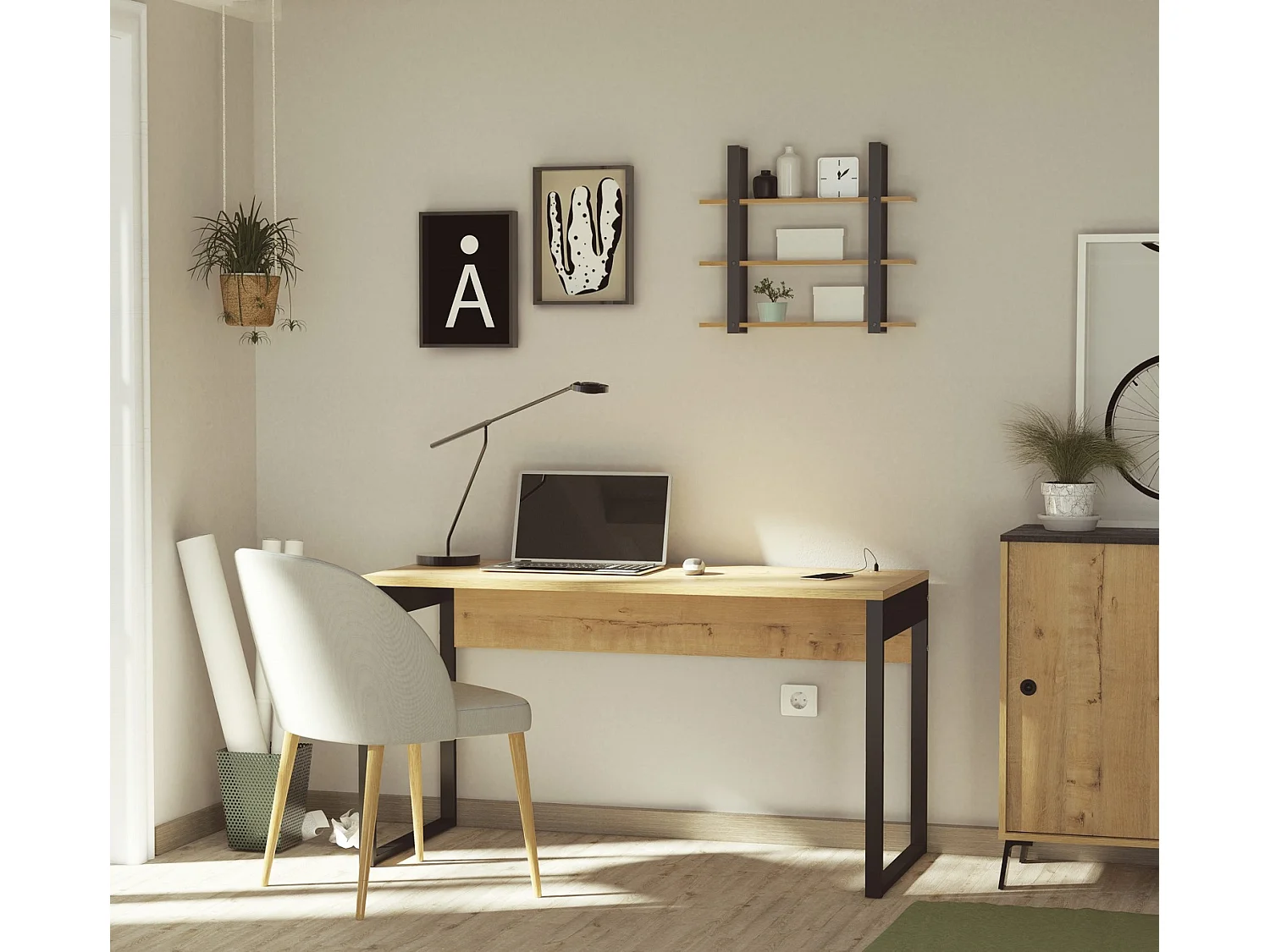 Bureau avec ports USB en aggloméré finition chêne doré et pieds en métal noir - Longueur 135 x Profondeur 60 x Hauteur 76 cm